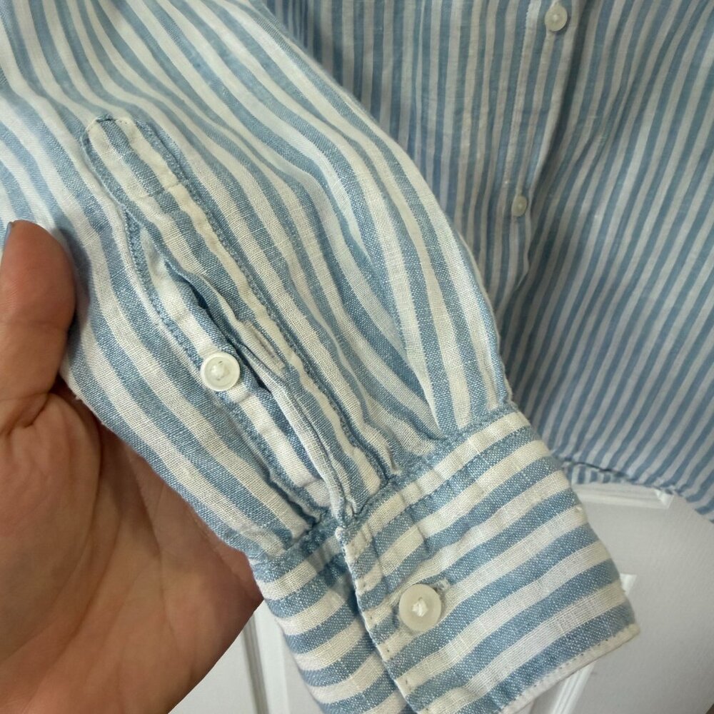 UNIQLO Blue and White 100% Linen Striped Button Down Shirt Size L - Picture 5 of 8